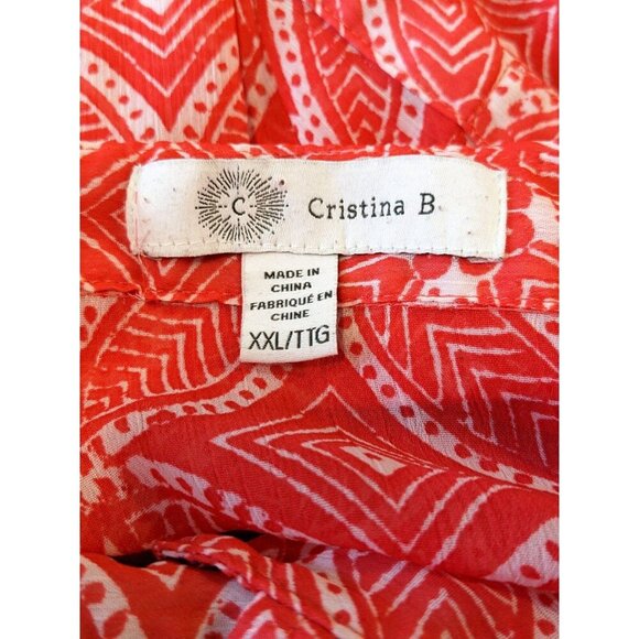 Christina B Womens Blouse XXL Chiffon Semi Sheer Geometric Floral Coral Pleated - Picture 6 of 6